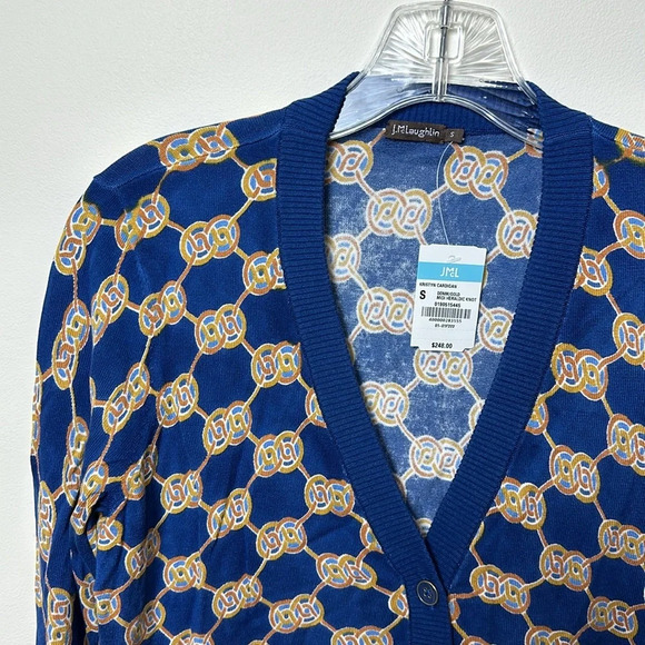 J Mclaughlin Womens Kristyn Cardigan XS Denim Gold Heraldic Knot Chain Sweater - Picture 2 of 7